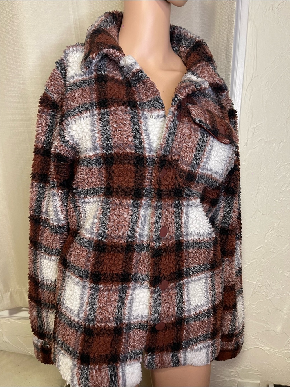 No Boundaries Brown & White Plaid Teddy Jacket